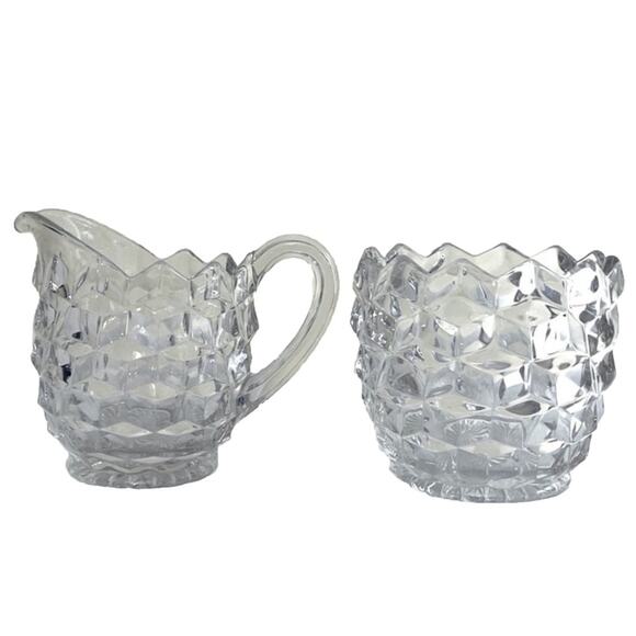 Vintage Fostoria American Clear Glass Cube Pattern Creamer & Sugar Bowl, Bowl - Picture 1 of 11